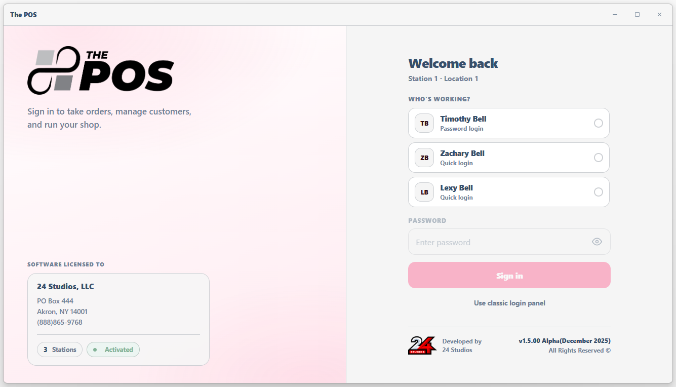 The POS login screen