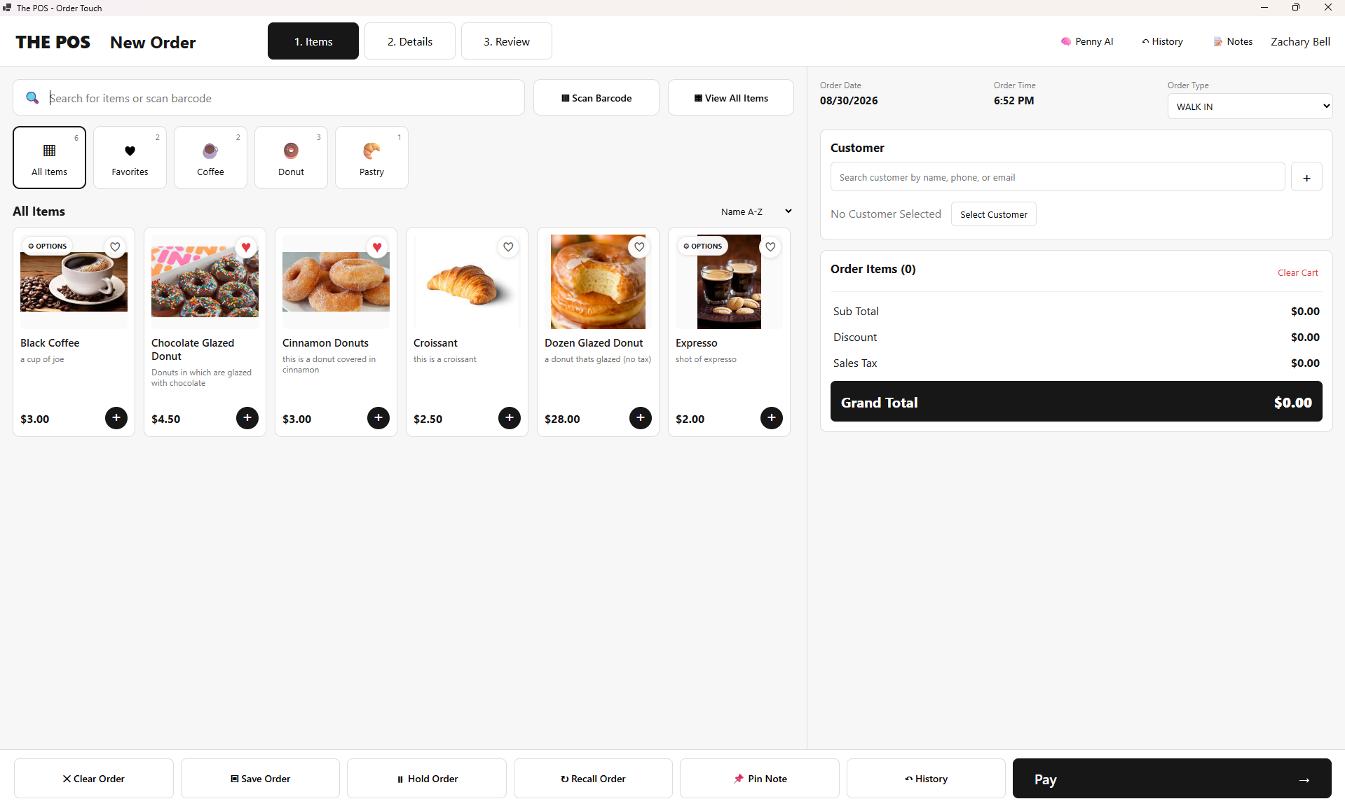 The POS order screen